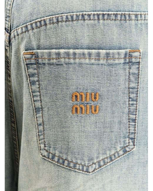 Miu Miu Gray Cotton Jeans With Logo Lettering Embroidery