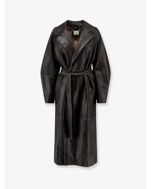 Alysi Black Heavy Leather Coat With Vintage Effect