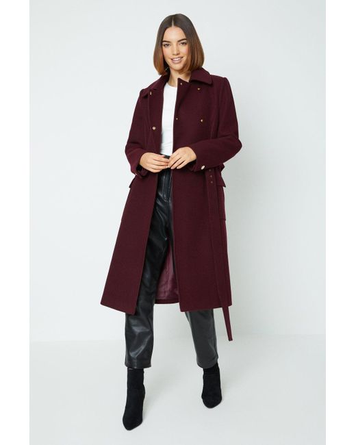 Oasis Red Wool Look Belted Popper Button Coat