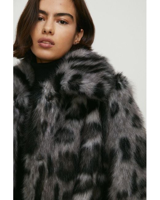 Oasis Black Collared Longline Animal Faux Fur Coat