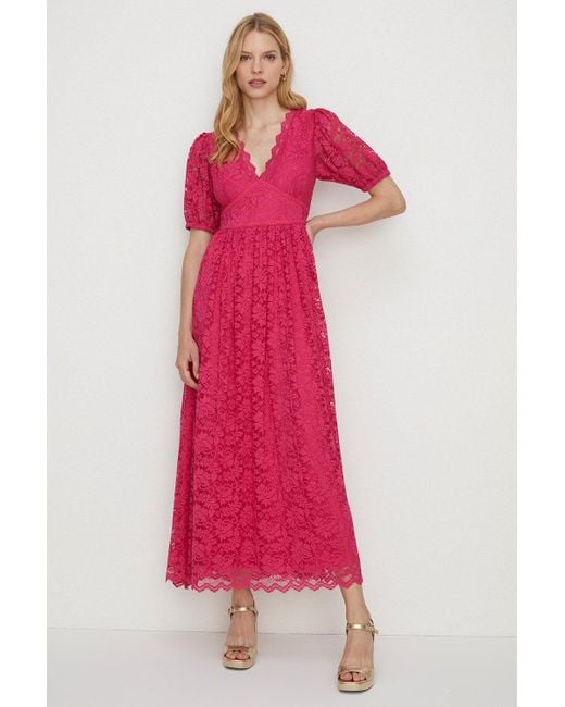 Oasis Red Lace Puff Sleeve V Neck Midaxi Dress