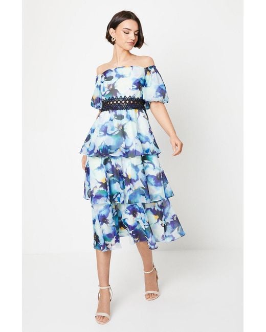 Oasis Blue Organza Floral Bardot Midaxi Dress