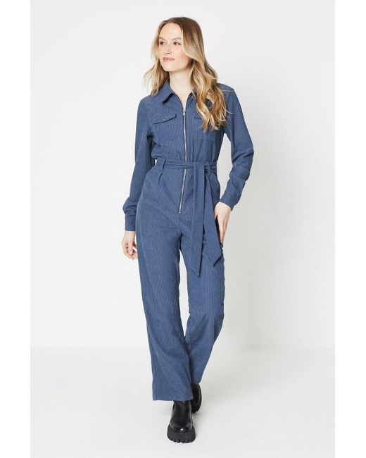 Oasis Blue Cord Zip Front Belted Boilersuit
