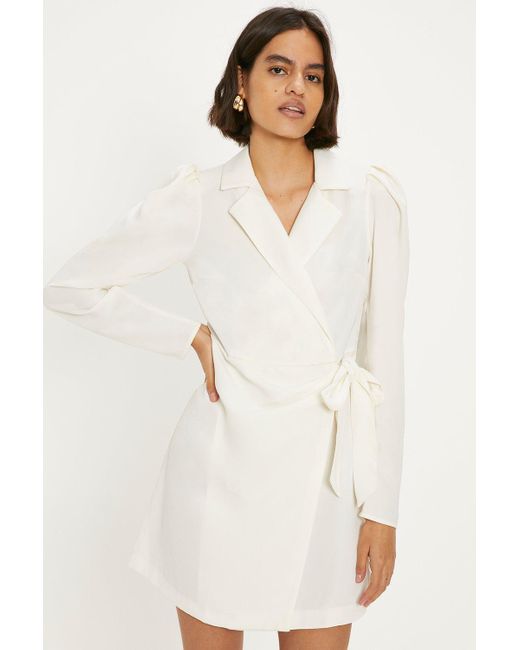 Oasis White Soft Tailored Puff Sleeve Wrap Dress