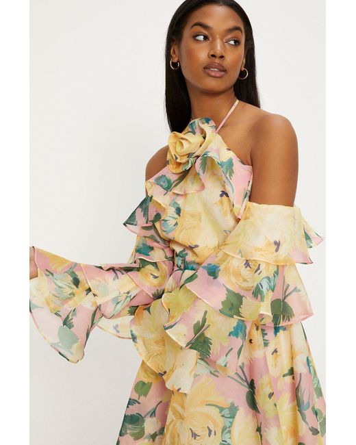 Oasis Yellow Statement Flower Ruffle Sleeve Organza Mini Dress