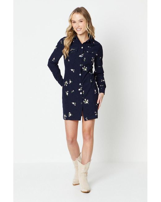 Oasis Blue Cord Floral Embroidered Button Shirt Dress