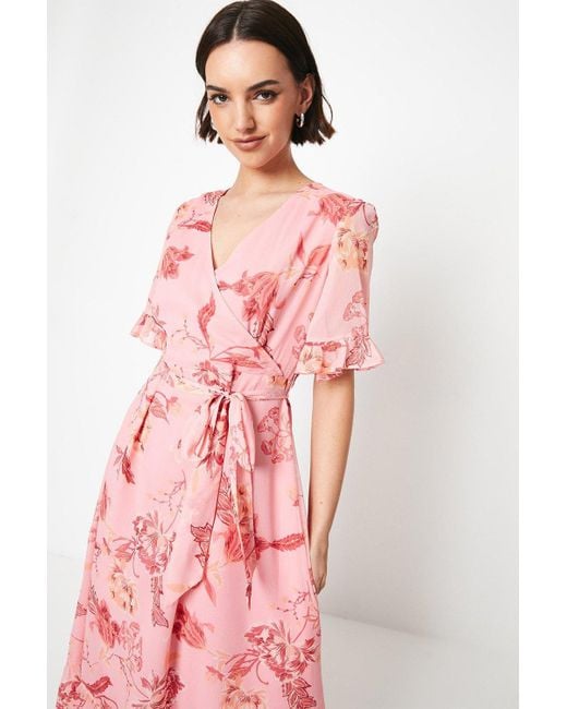 Oasis Pink Floral Chiffon Frill Hem Detail Belted Midi Wrap Dress
