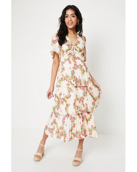 Oasis Natural Petite Floral Ruched Bust Pleated Tiered Midi Dress