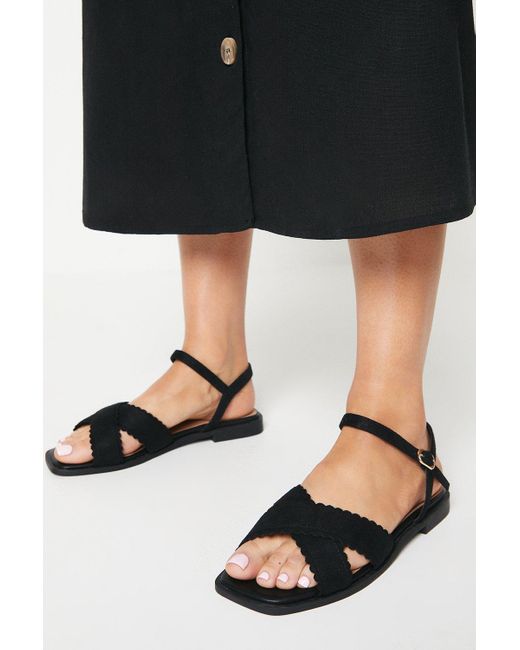 Oasis Black Bronte Scalloped Detail Cross Strap Flat Sandals