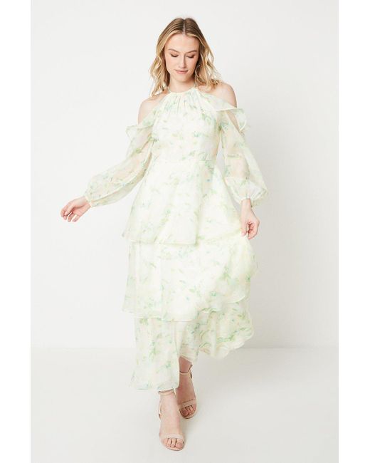 Oasis White Occasion Floral Organza Cold Shoulder Midi Dress