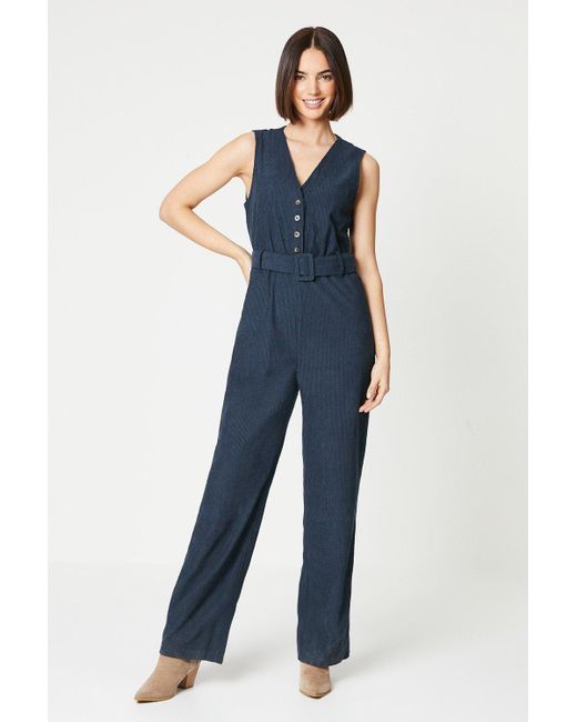 Oasis Blue Cord Sleeveless Button Through Belted Jumpsuit
