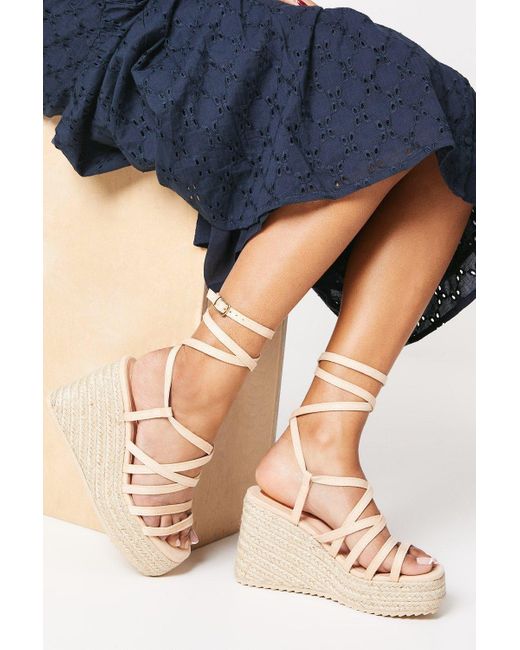Oasis Blue Krissy Multi Strap High Espadrille Covered Wedges