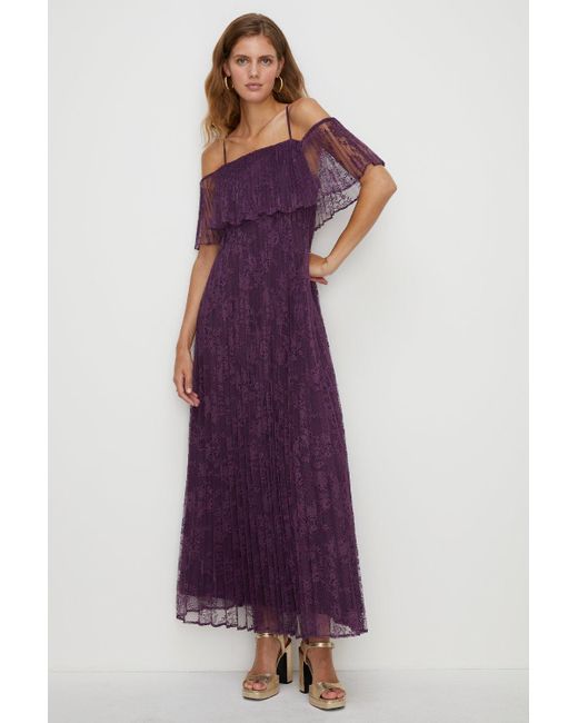 Oasis Purple Pleated Strappy Tiered Lace Maxi Dress