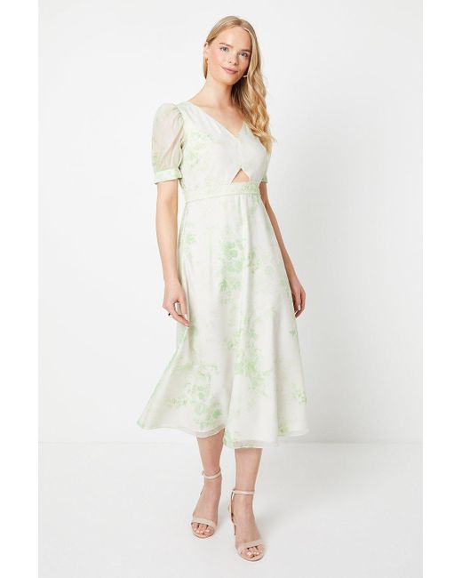 Oasis White Green Floral Lace Insert Organza Puff Sleeve Midi Dress
