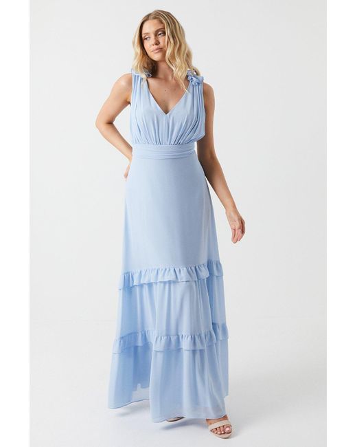 Oasis Blue Ruffle Shoulder Chiffon Maxi Bridesmaids Dress
