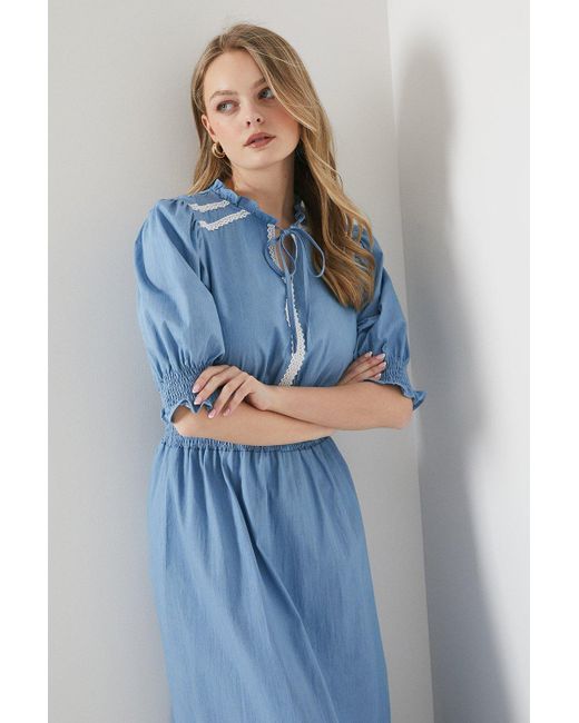 Oasis Blue Chambray Lace Trim Shirred Waist Midi Dress