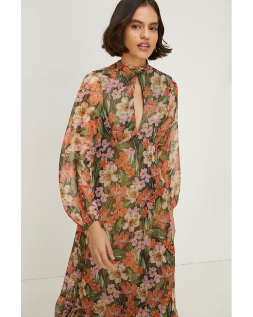 Oasis Natural Floral Printed Metallic Chiffon Midi Dress