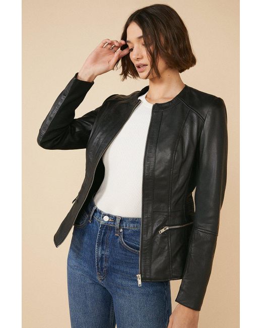 Oasis Black Collarless Leather Jacket