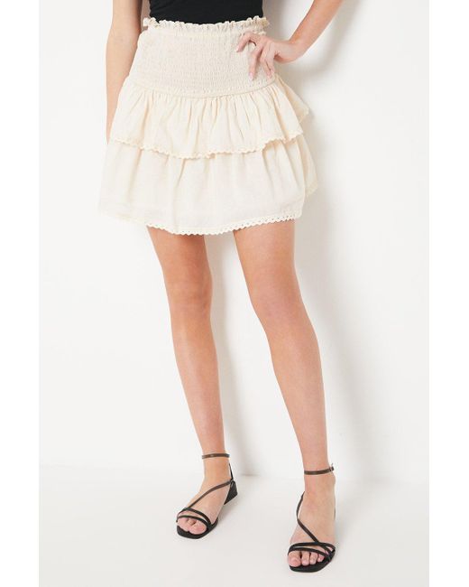 Oasis White Cotton Lace Trim Shirred Tiered Mini Skirt