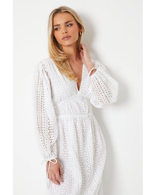 Oasis White Petite Broderie Tie Front Puff Sleeve Midi Dress
