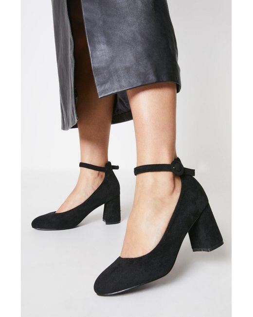 Oasis Black Almond Toe Ankle Strap Block Heel Court Shoes