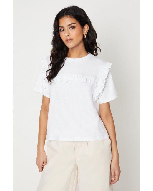 Oasis White Petite Ruffle Detail Tshirt