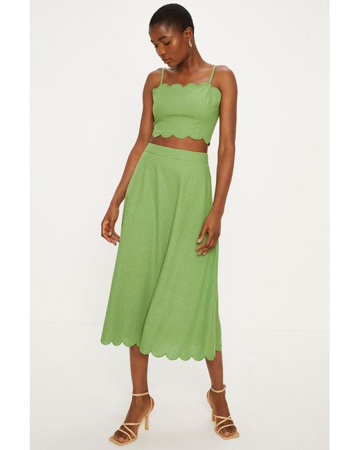 Oasis Green Linen Mix Scallop Detail Midi Skirt