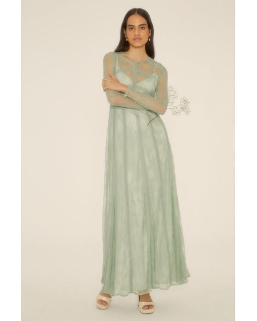 Oasis Green Delicate Lace Long Sleeve Maxi Dress