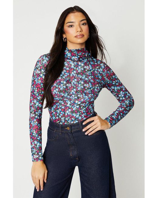 Oasis Blue Floral Roll Neck Long Sleeve Jersey Top