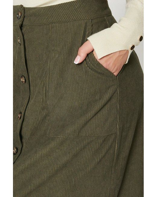 Oasis Green Petite Cord Button Front Midi Skirt
