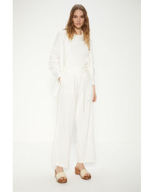 Oasis White Linen Mix Belted Wide Leg Trouser
