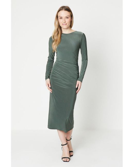 Oasis Green Ruched Side Long Sleeve Midi Dress