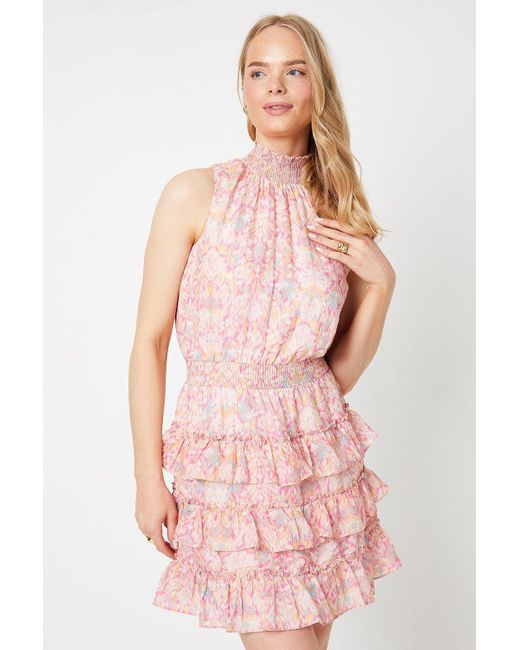 Oasis Pink Leaf Printed Smocked Waist Sleeveless Ruffle Mini Dress
