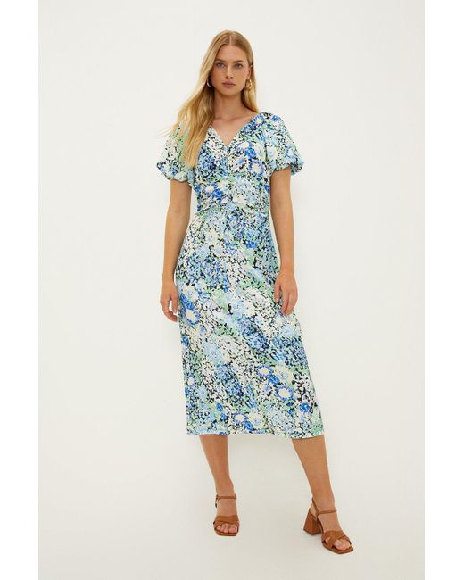Oasis Blue Ditsy Floral Crinkle Gauged Front Midi Dress
