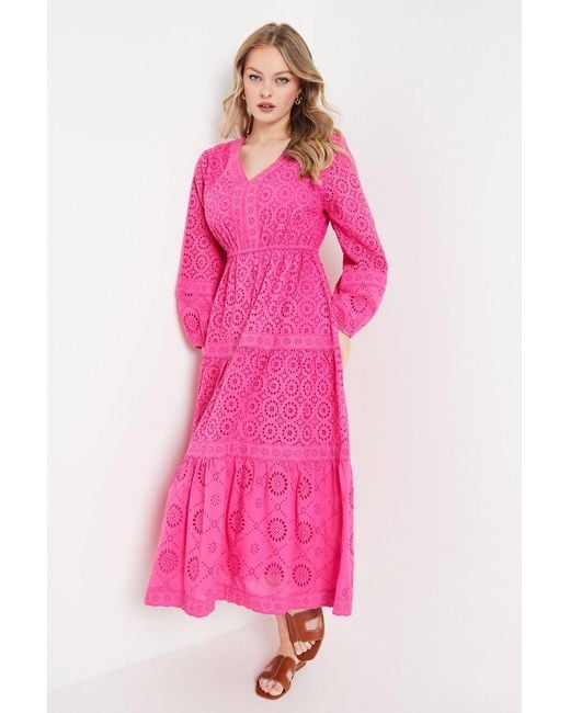 Oasis Pink Broderie Trim Detail Puff Sleeve Midi Dress