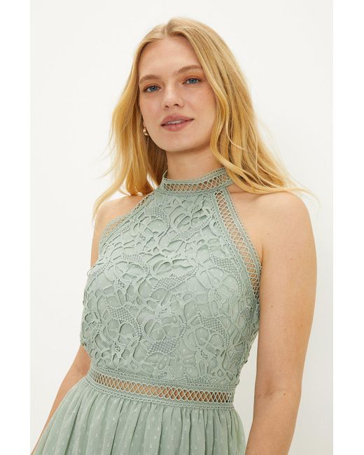 Oasis Green Lace Tiered Halter Neck Midi Bridesmaids Dress