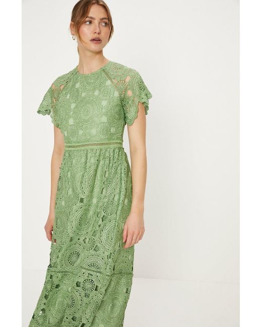 Oasis Green Premium Floral Lace Trim Insert Cap Sleeve Midi Dress
