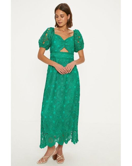 Oasis Green Petite Premium Floral Lace Cut Out Midi Dress