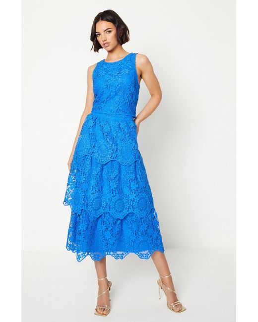 Oasis Blue Scallop Lace Tiered Midi Skirt