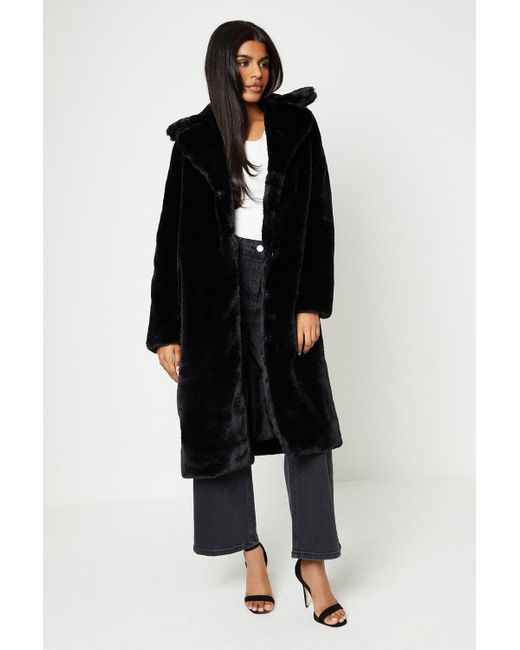 Oasis Black Petite Plush Faux Fur Open Collar Coat