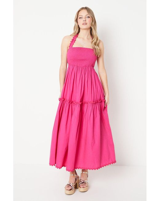 Oasis Pink Cotton Poplin Shirred Halterneck Midi Dress