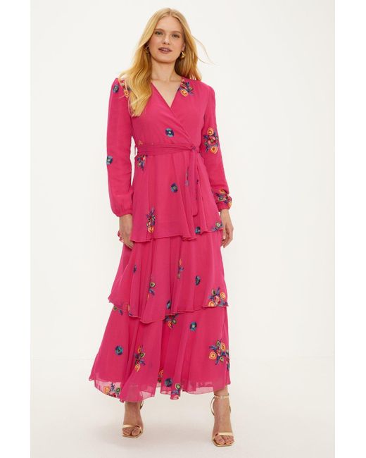 Oasis Pink Embroidered Tiered Ruffle Wrap Midi Dress