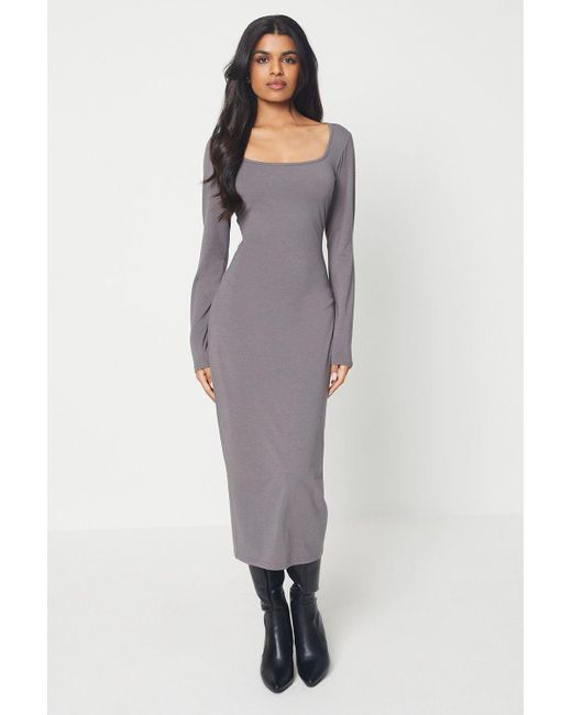 Oasis Gray Petite Long Sleeve Square Neck Midi Dress