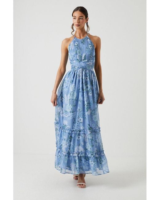 Oasis Blue Soft Floral Halter Neck Maxi Bridesmaids Dress