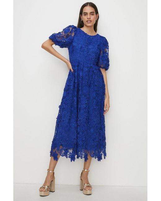 Oasis Blue Lace Puff Sleeve Midi Dress
