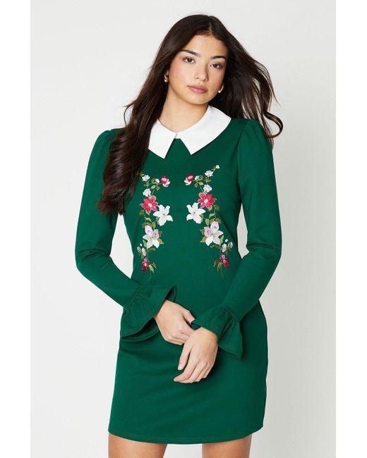 Oasis Green Premium Ponte Collar Floral Embroidered Dress