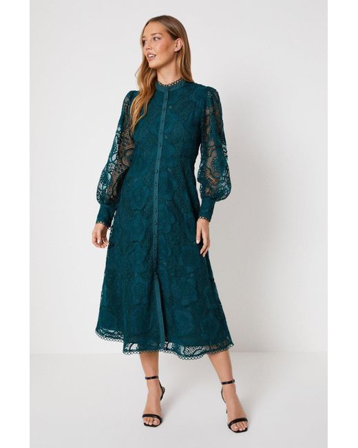 Oasis Blue Premium Organza Lace Trim Midi Shirt Dress