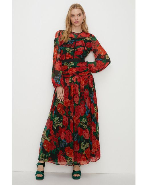 Oasis Red Contrast Ruched Floral Chiffon Maxi Dress