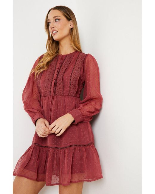 Oasis Red Dobby Scallop Trim Detail Mini Dress