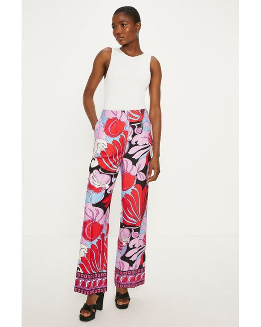 Oasis Red Printed Crepe Straight Leg Trouser